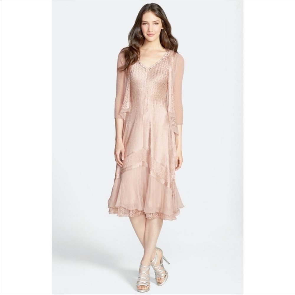 Komarov Beaded Neck Charmeuse Dress With Lace Trim